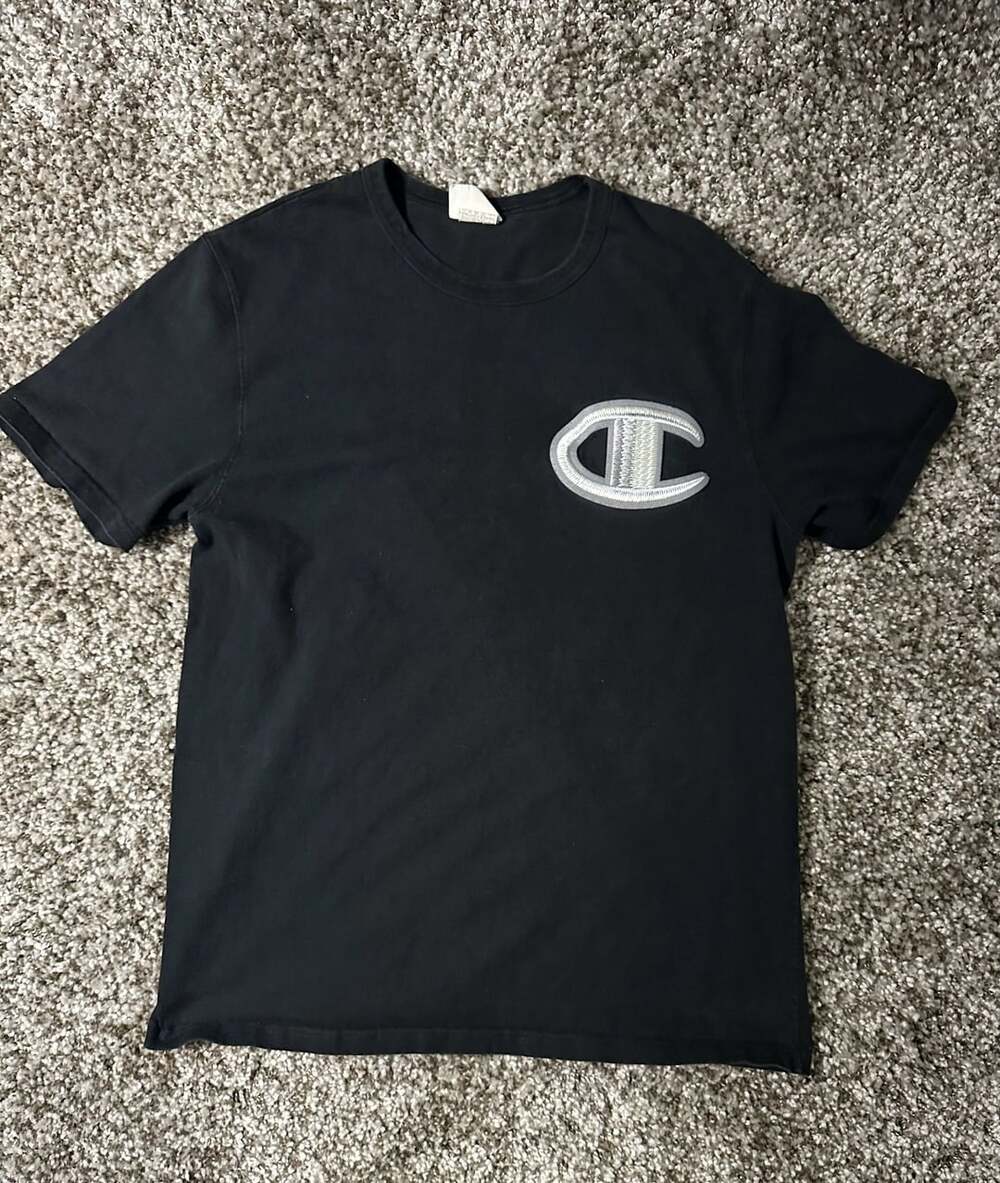 Champion Black T-Shirt Large C Logo Chenille Patch Tee